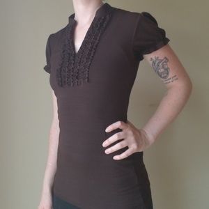 BCX Brown ruffle short sleeve blouse